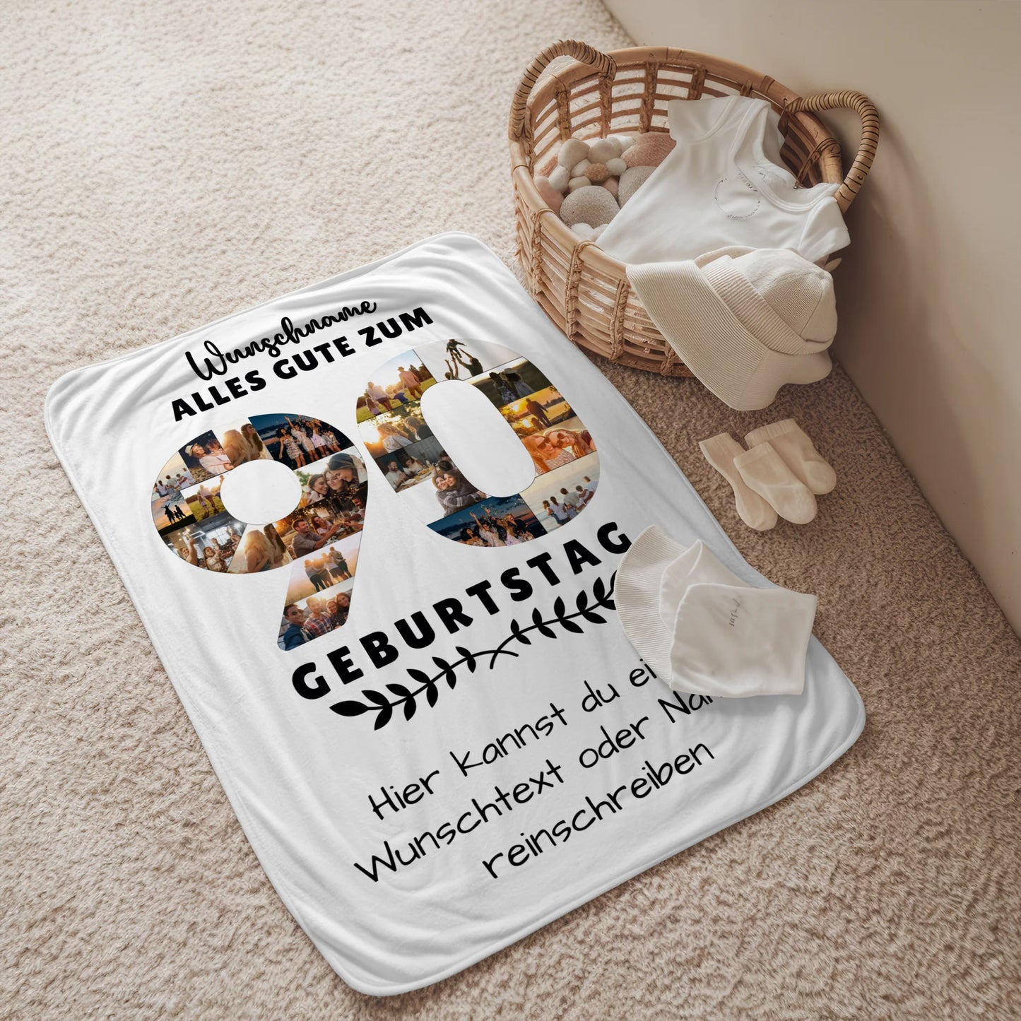 Personalisierte Decke zum 90 Geburtstag mit Wunschname und Wunschtext