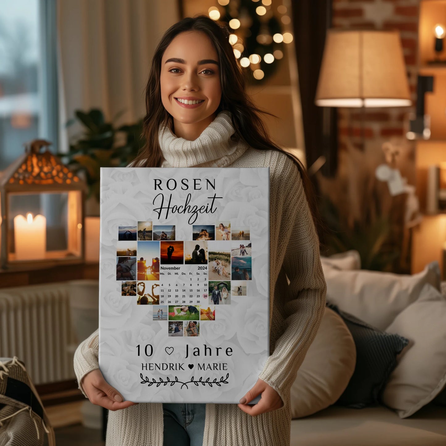Leinwand mit Kalender 10 Hochzeitstag Geschenk für Rosenhochzeit
