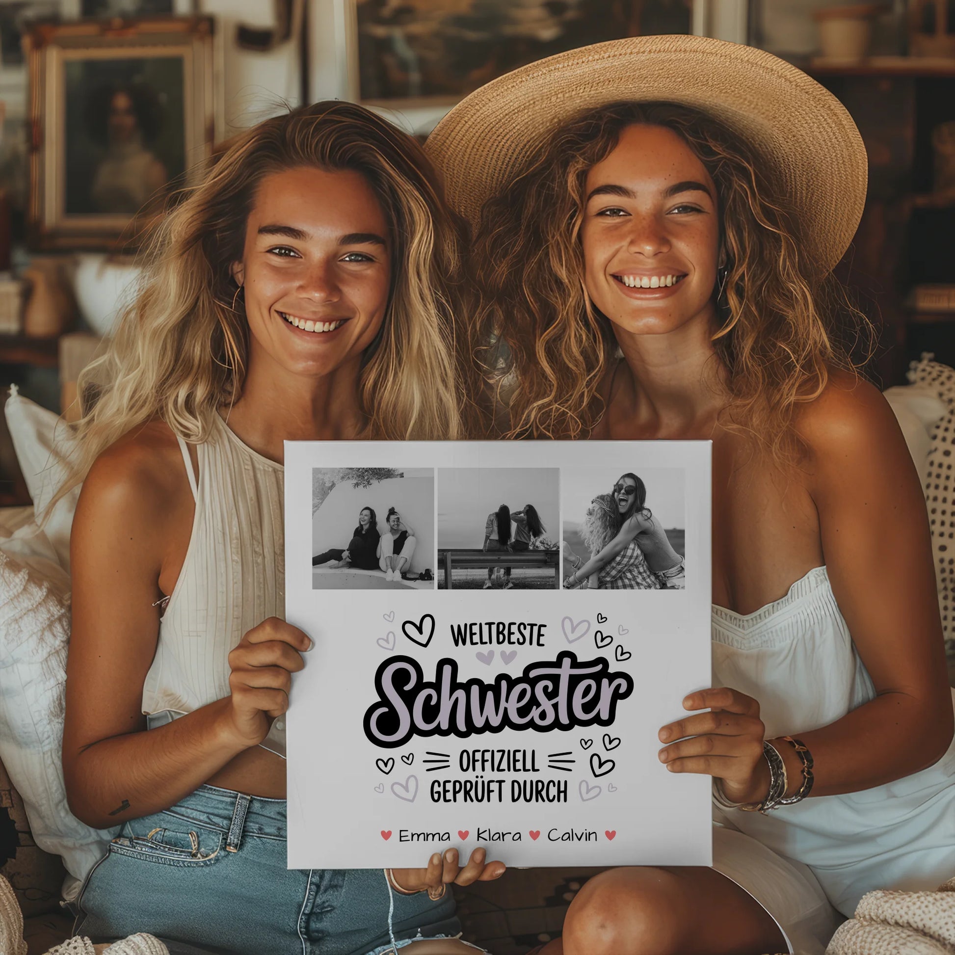 Personalisierte Leinwand Schwester Fotocollage Schwester Weltbeste Schwester Offiziell Geprüft Durch 2