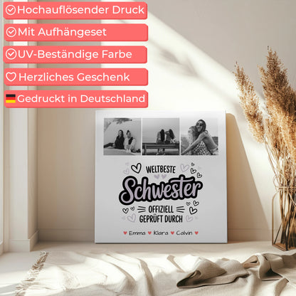 Personalisierte Leinwand Schwester Fotocollage Schwester Weltbeste Schwester Offiziell Geprüft Durch 5