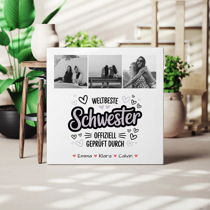 Personalisierte Leinwand Schwester Fotocollage Schwester Weltbeste Schwester Offiziell Geprüft Durch 3