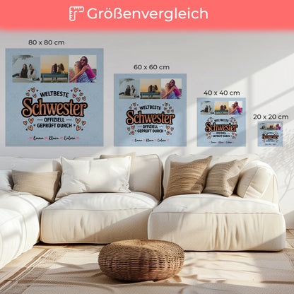 Personalisierte Leinwand Schwester mit Fotocollage für Schwester Weltbeste Schwester Offiziell Geprüft Durch 6