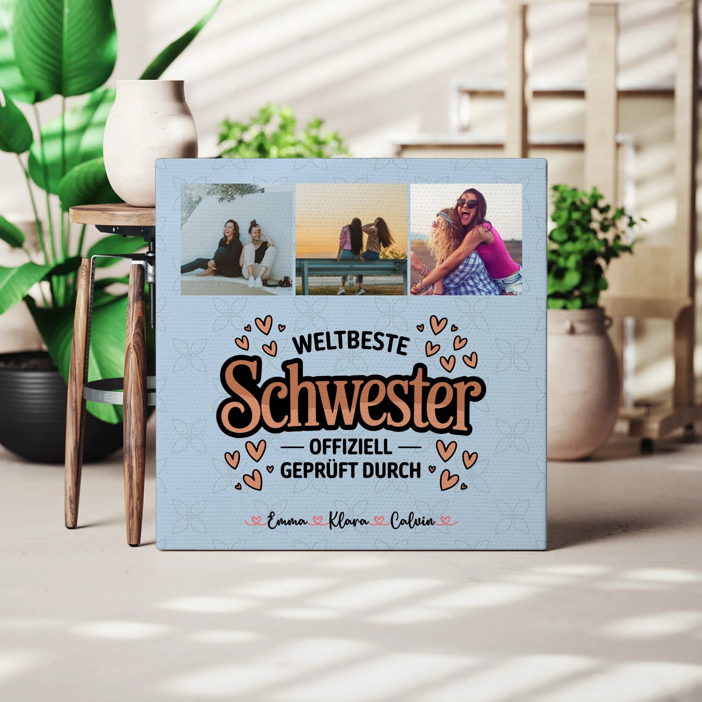 Personalisierte Leinwand Schwester mit Fotocollage für Schwester Weltbeste Schwester Offiziell Geprüft Durch 3