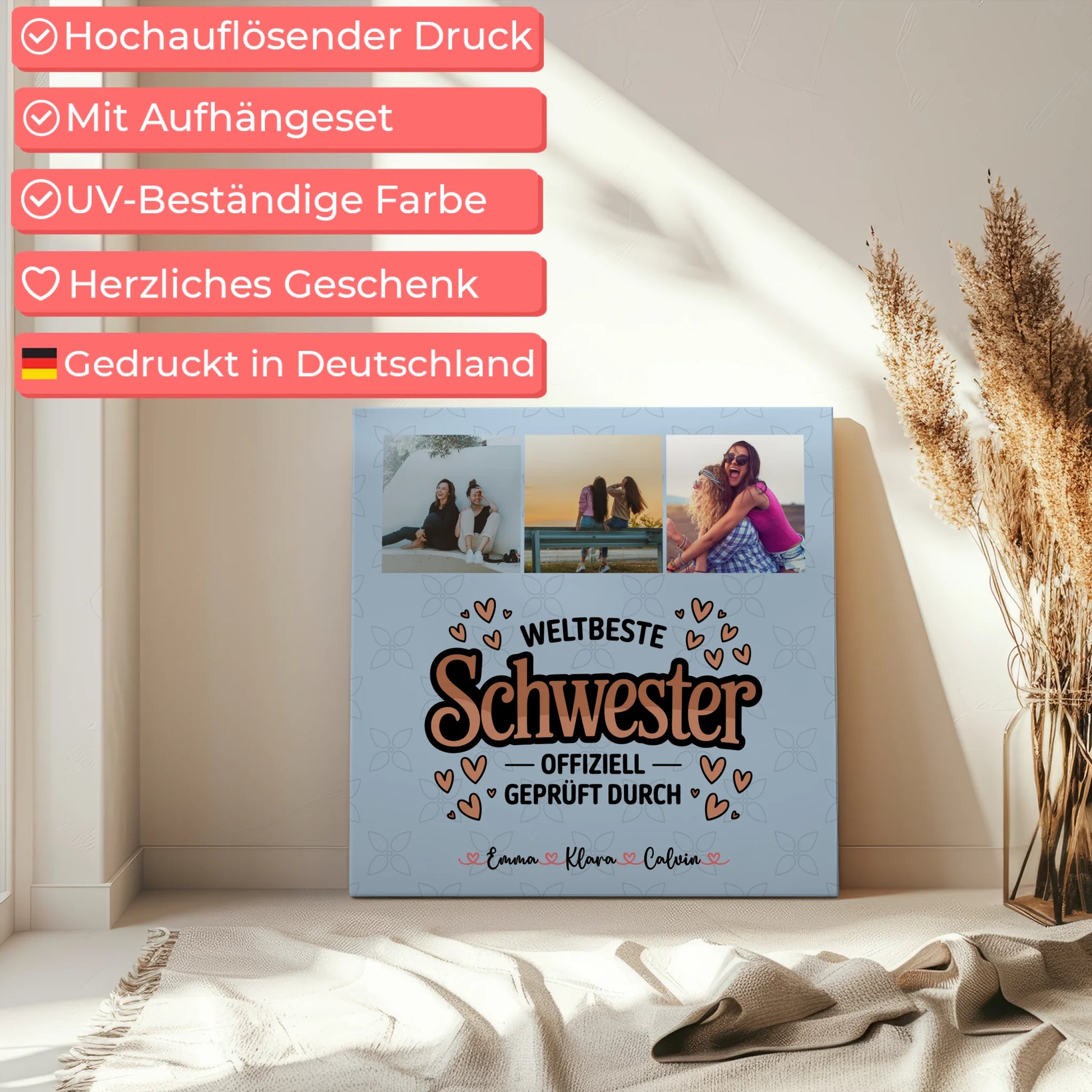 Personalisierte Leinwand Schwester mit Fotocollage für Schwester Weltbeste Schwester Offiziell Geprüft Durch 5