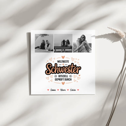 Weltbeste Schwester Leinwand mit Fotocollage personalisiert Offiziell geprüft durch Schwester 4