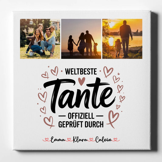 Personalisierte Leinwand Wandbild Fotocollage für Tante Weltbeste Tante Offiziell Geprüft Durch 1