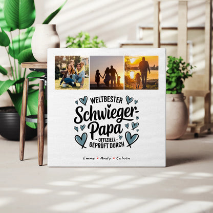 Personalisierte Leinwand Geschenk Fotocollage Schwiegerpapa Weltbester Schwiegerpapa Offiziell Geprüft Durch 3