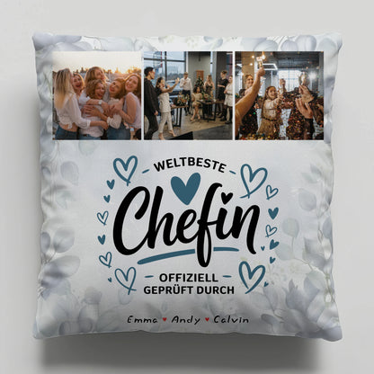 Personalisierte Geschenke für Chefin mit Namen Kissen Geschenk Fotocollage Weltbeste Chefin Offiziell Geprüft Durch 1