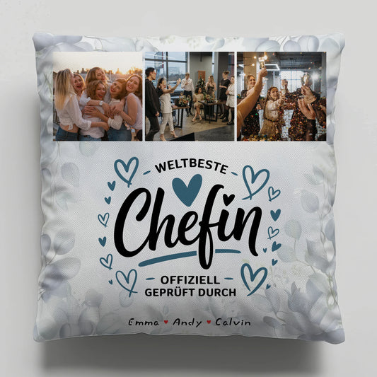 Personalisierte Geschenke für Chefin mit Namen Kissen Geschenk Fotocollage Weltbeste Chefin Offiziell Geprüft Durch 1