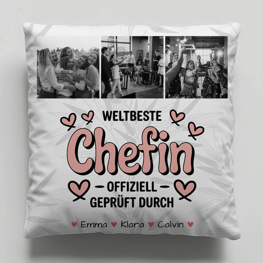 Personalisierte Geschenke mit Namen Kissen Fotocollage Chefin Weltbeste Chefin Offiziell Geprüft Durch 1