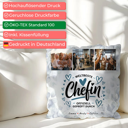 Personalisierte Geschenke für Chefin mit Namen Kissen Geschenk Fotocollage Weltbeste Chefin Offiziell Geprüft Durch 2