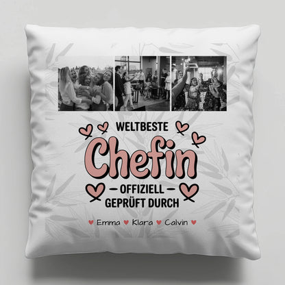 Personalisierte Geschenke mit Namen Kissen Fotocollage Chefin Weltbeste Chefin Offiziell Geprüft Durch