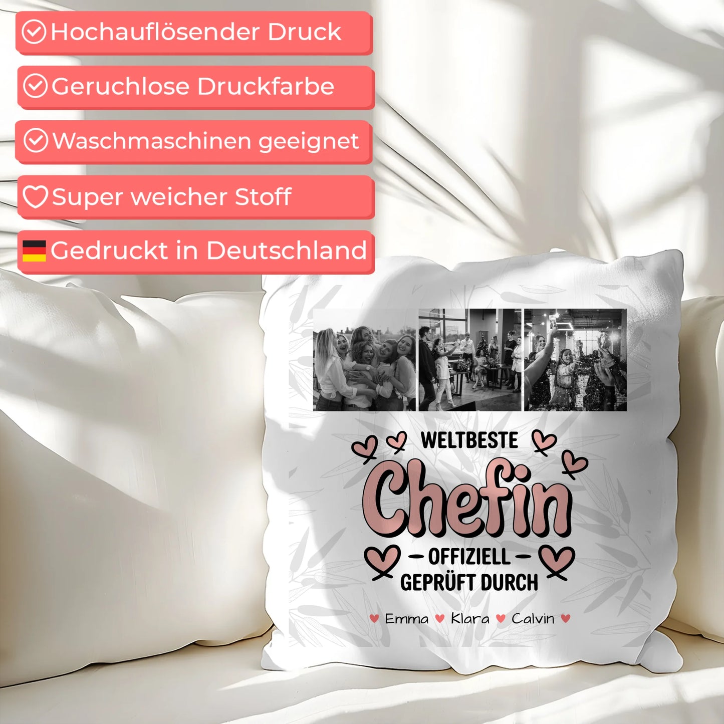 Personalisierte Geschenke mit Namen Kissen Fotocollage Chefin Weltbeste Chefin Offiziell Geprüft Durch
