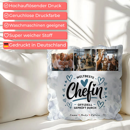 Personalisierte Geschenke für Chefin mit Namen Kissen Geschenk Fotocollage Weltbeste Chefin Offiziell Geprüft Durch 7