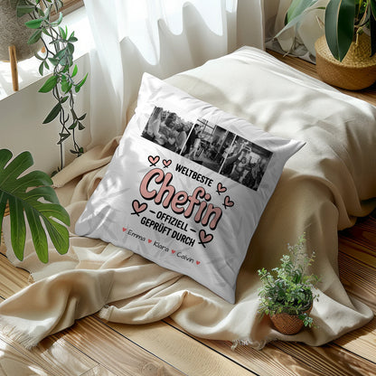 Personalisierte Geschenke mit Namen Kissen Fotocollage Chefin Weltbeste Chefin Offiziell Geprüft Durch