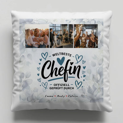 Personalisierte Geschenke für Chefin mit Namen Kissen Geschenk Fotocollage Weltbeste Chefin Offiziell Geprüft Durch