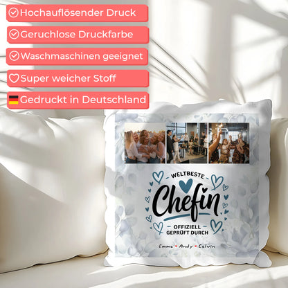 Personalisierte Geschenke für Chefin mit Namen Kissen Geschenk Fotocollage Weltbeste Chefin Offiziell Geprüft Durch