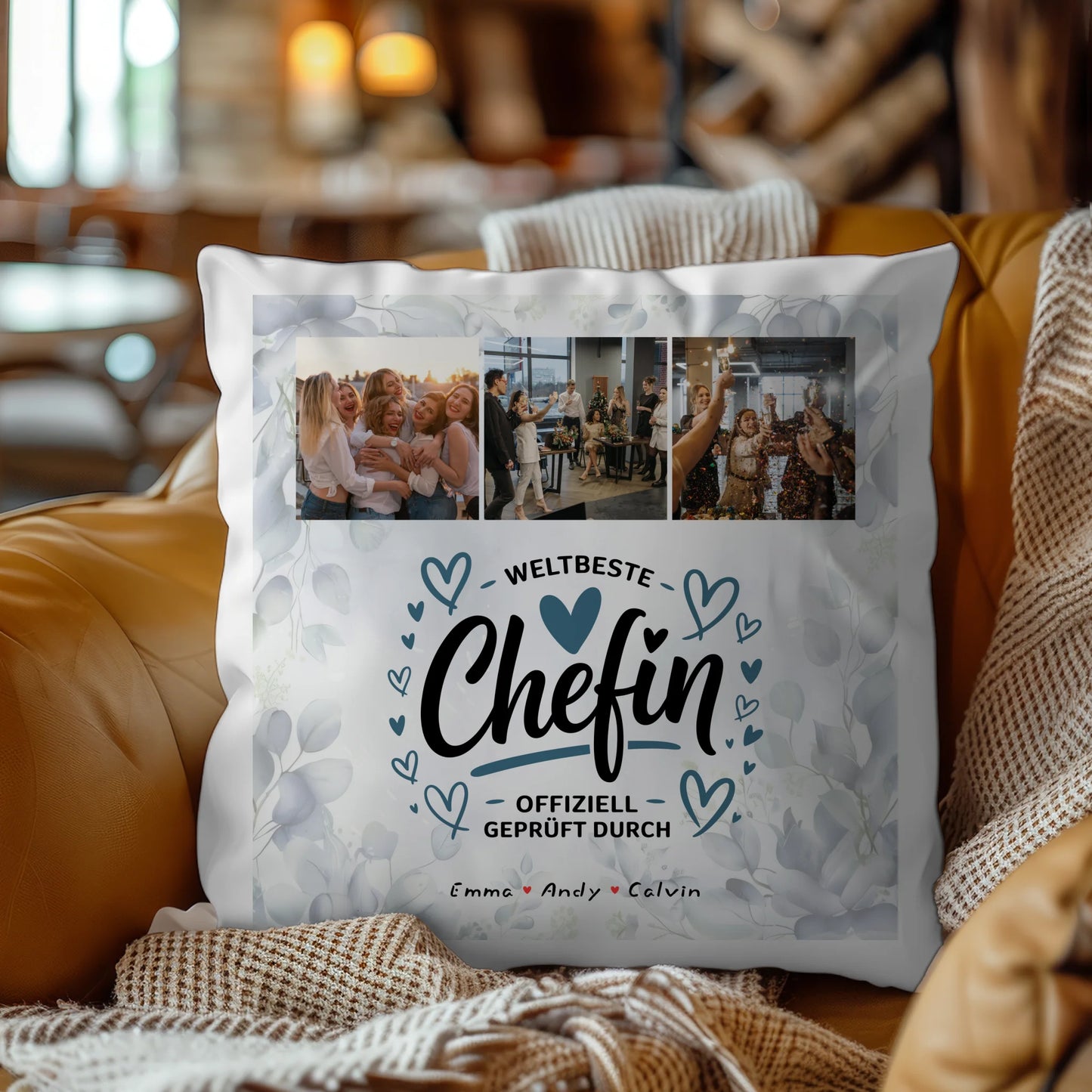 Personalisierte Geschenke für Chefin mit Namen Kissen Geschenk Fotocollage Weltbeste Chefin Offiziell Geprüft Durch