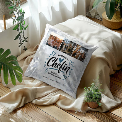 Personalisierte Geschenke für Chefin mit Namen Kissen Geschenk Fotocollage Weltbeste Chefin Offiziell Geprüft Durch