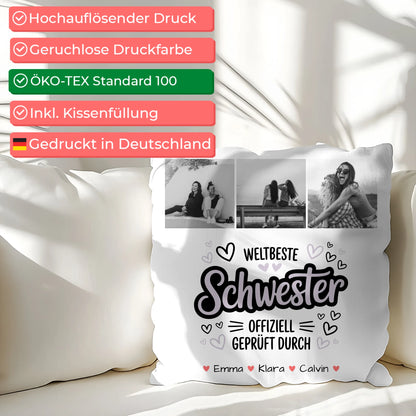 Kissen Mit Spruch Schwester Fotocollage Schwester Weltbeste Schwester Offiziell Geprüft Durch 2