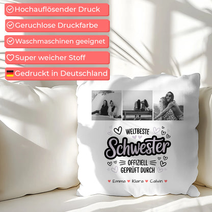 Kissen Mit Spruch Schwester Fotocollage Schwester Weltbeste Schwester Offiziell Geprüft Durch