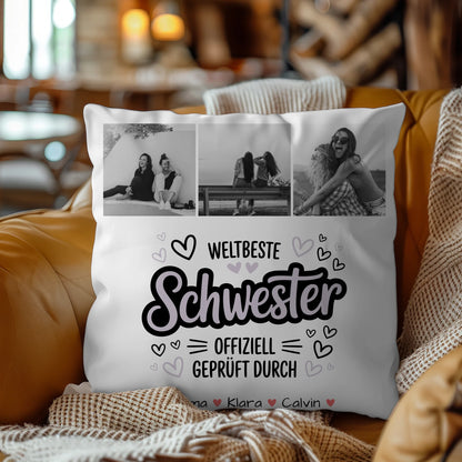 Kissen Mit Spruch Schwester Fotocollage Schwester Weltbeste Schwester Offiziell Geprüft Durch 4