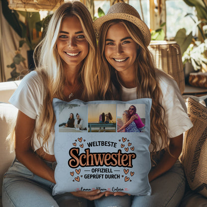Personalisierte Geschenke für Schwester Kissen Beste Schwester Fotocollage für Schwester Weltbeste Schwester Offiziell Geprüft Durch 3