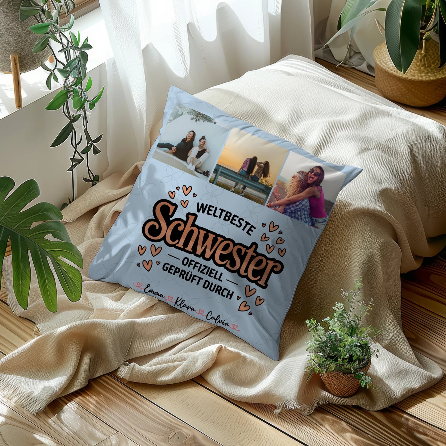 Personalisierte Geschenke für Schwester Kissen Beste Schwester Fotocollage für Schwester Weltbeste Schwester Offiziell Geprüft Durch 10