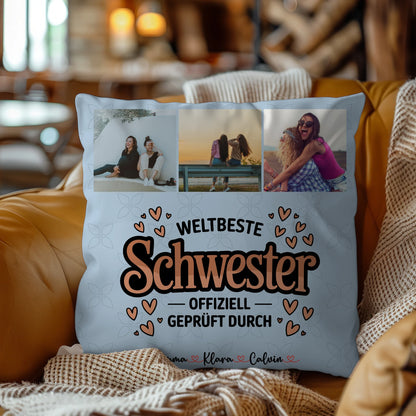 Personalisierte Geschenke für Schwester Kissen Beste Schwester Fotocollage für Schwester Weltbeste Schwester Offiziell Geprüft Durch 9