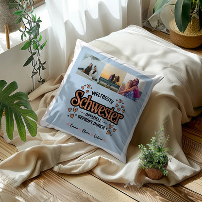 Personalisierte Geschenke für Schwester Kissen Beste Schwester Fotocollage für Schwester Weltbeste Schwester Offiziell Geprüft Durch