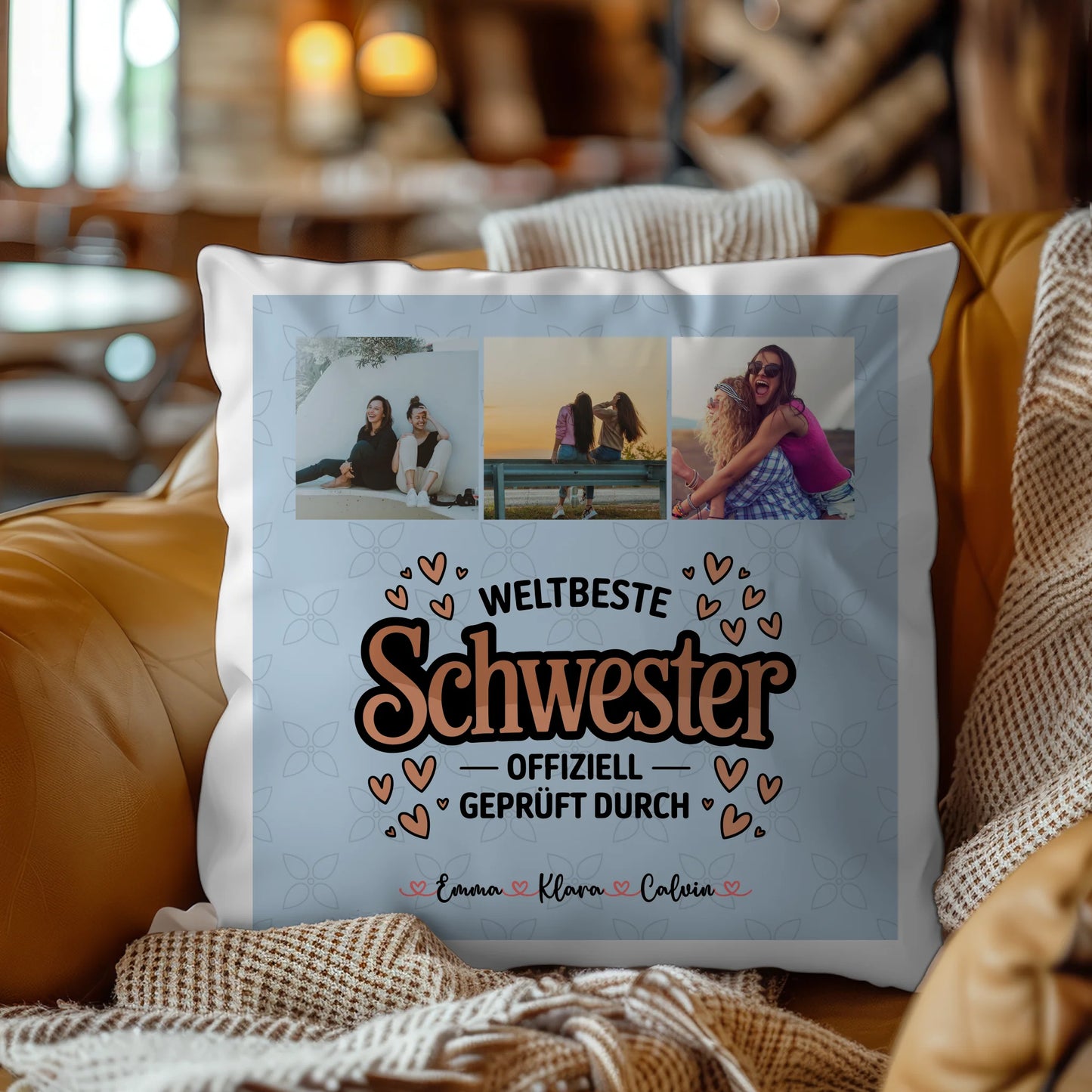 Personalisierte Geschenke für Schwester Kissen Beste Schwester Fotocollage für Schwester Weltbeste Schwester Offiziell Geprüft Durch