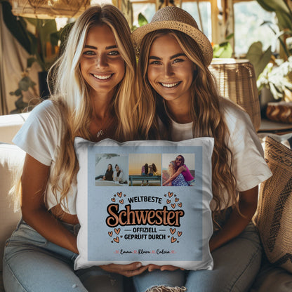 Personalisierte Geschenke für Schwester Kissen Beste Schwester Fotocollage für Schwester Weltbeste Schwester Offiziell Geprüft Durch