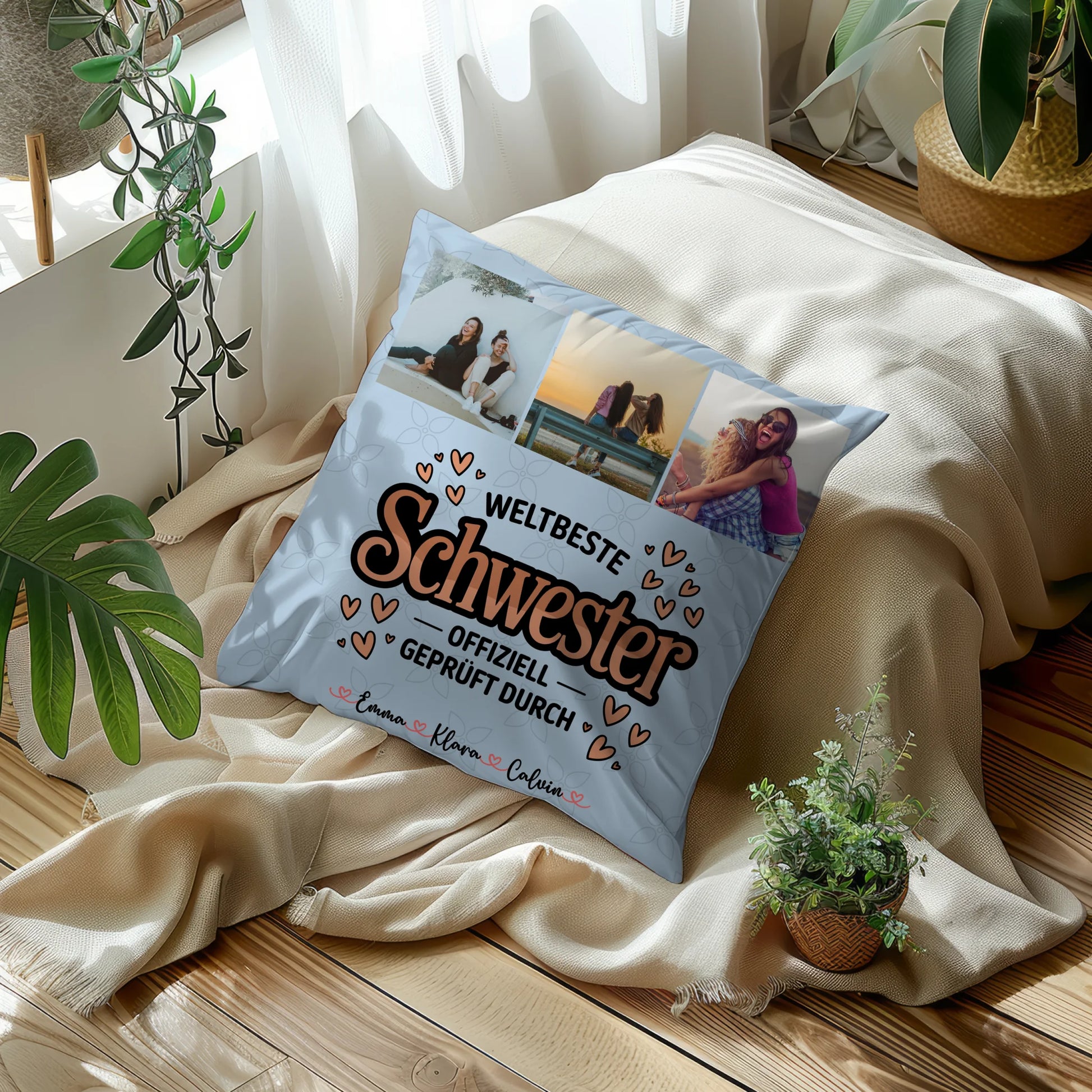 Personalisierte Geschenke für Schwester Kissen Beste Schwester Fotocollage für Schwester Weltbeste Schwester Offiziell Geprüft Durch 5