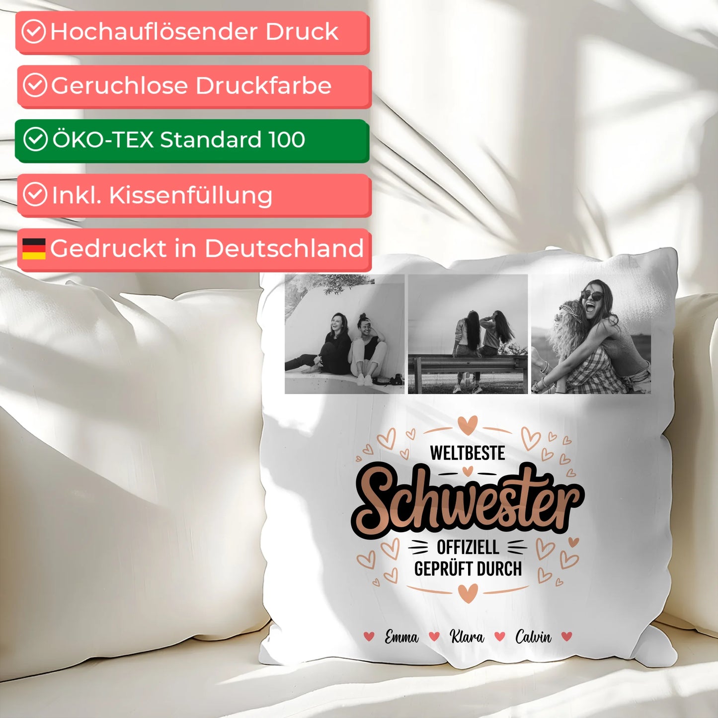 Personalisierte Kissen Große Schwester mit Schwester Fotocollage Weltbeste Schwester Offiziell Geprüft Durch 2