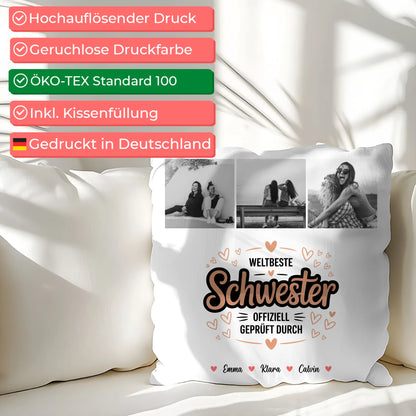 Personalisierte Kissen Große Schwester mit Schwester Fotocollage Weltbeste Schwester Offiziell Geprüft Durch 2