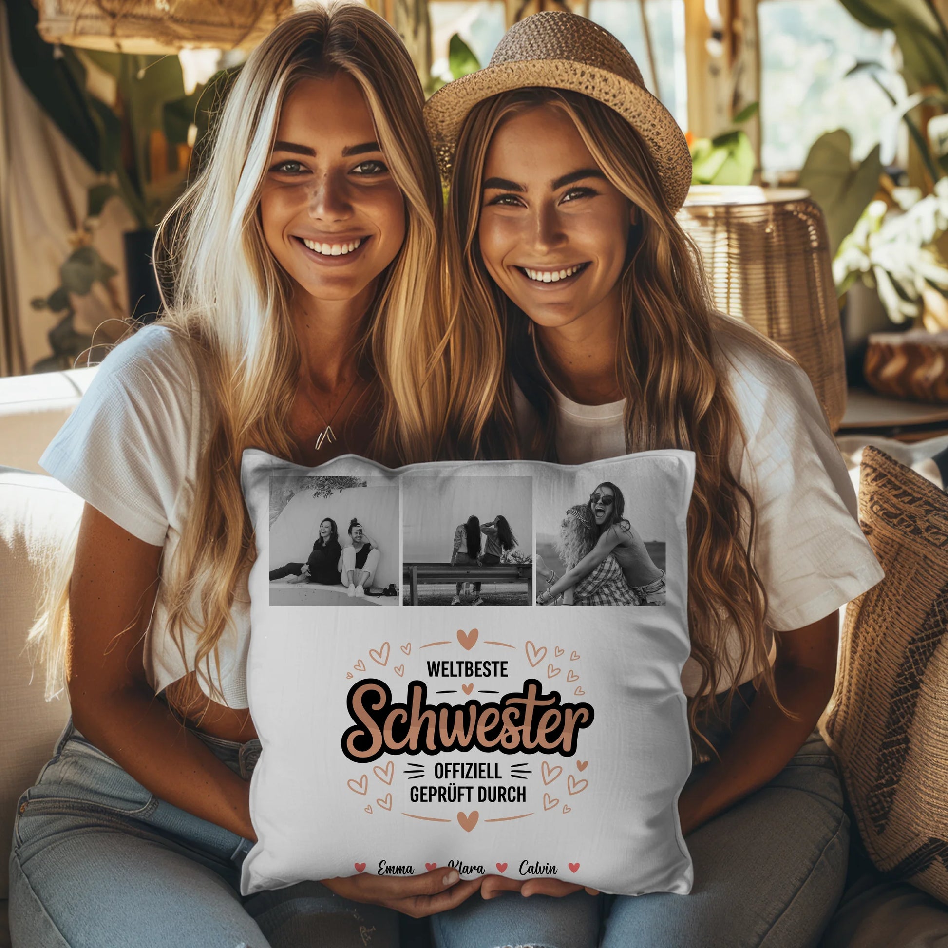Personalisierte Kissen Große Schwester mit Schwester Fotocollage Weltbeste Schwester Offiziell Geprüft Durch 3