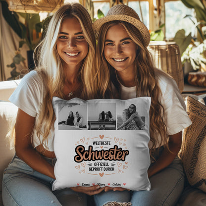 Personalisierte Kissen Große Schwester mit Schwester Fotocollage Weltbeste Schwester Offiziell Geprüft Durch 8