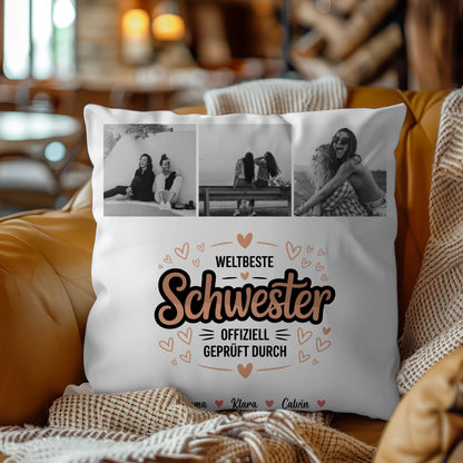 Personalisierte Kissen Große Schwester mit Schwester Fotocollage Weltbeste Schwester Offiziell Geprüft Durch 4