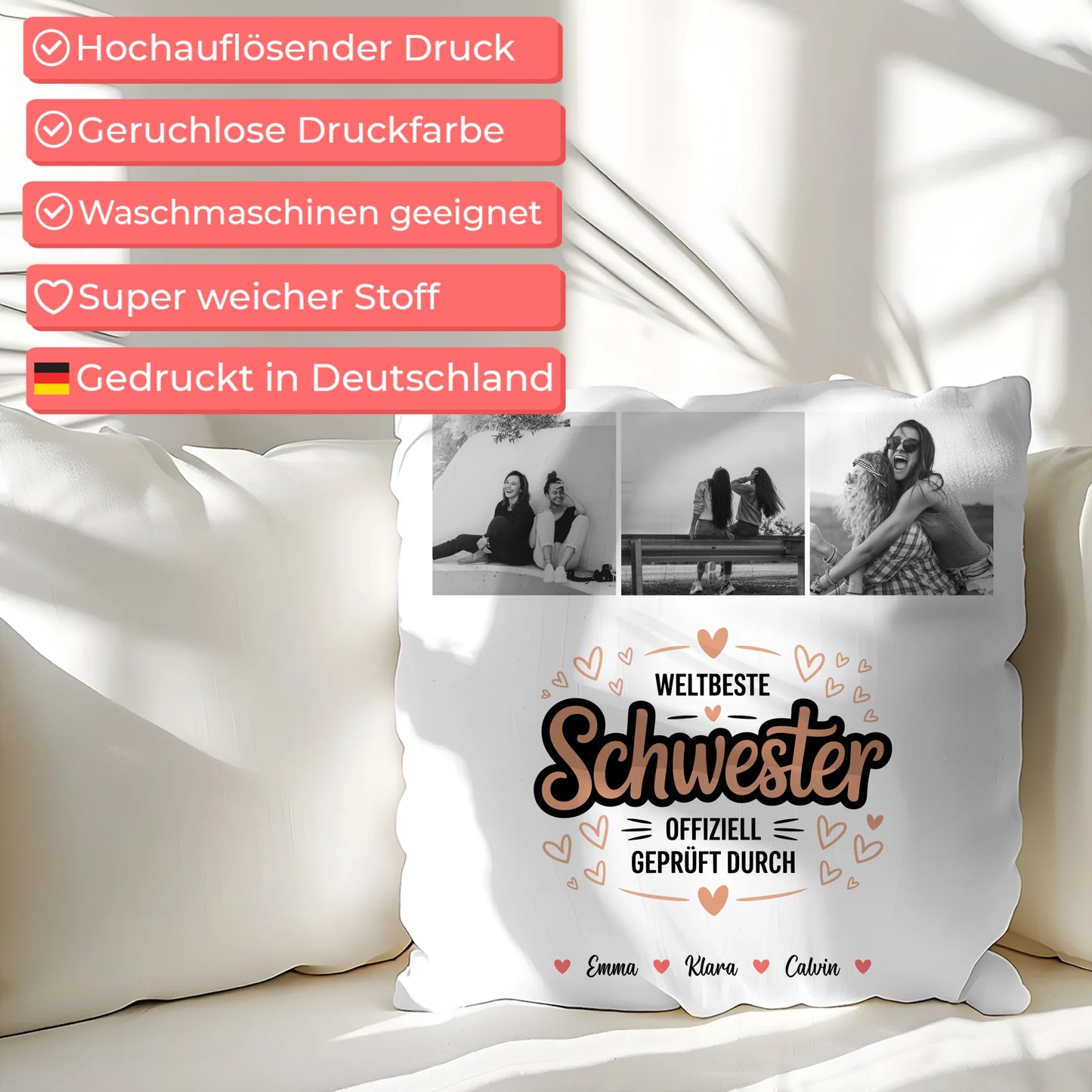 Personalisierte Kissen Große Schwester mit Schwester Fotocollage Weltbeste Schwester Offiziell Geprüft Durch 7