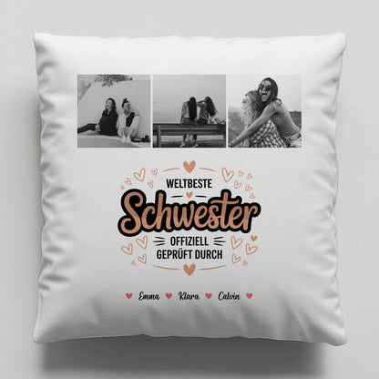Personalisierte Kissen Große Schwester mit Schwester Fotocollage Weltbeste Schwester Offiziell Geprüft Durch