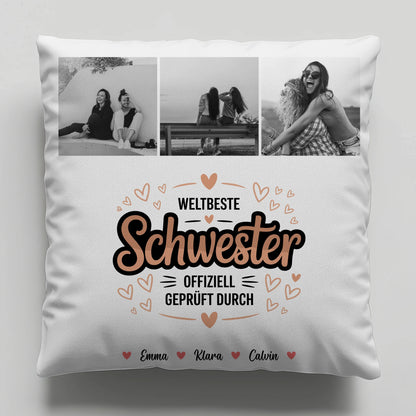 Personalisierte Kissen Große Schwester mit Schwester Fotocollage Weltbeste Schwester Offiziell Geprüft Durch 1