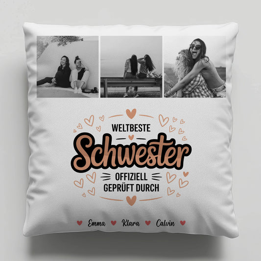 Personalisierte Kissen Große Schwester mit Schwester Fotocollage Weltbeste Schwester Offiziell Geprüft Durch 1