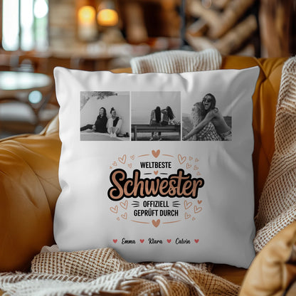 Personalisierte Kissen Große Schwester mit Schwester Fotocollage Weltbeste Schwester Offiziell Geprüft Durch