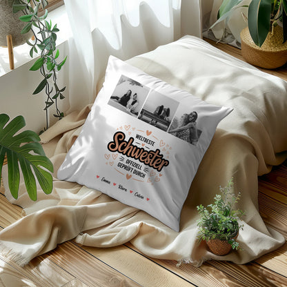 Personalisierte Kissen Große Schwester mit Schwester Fotocollage Weltbeste Schwester Offiziell Geprüft Durch