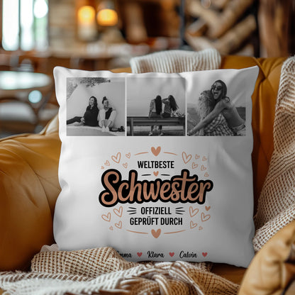 Personalisierte Kissen Große Schwester mit Schwester Fotocollage Weltbeste Schwester Offiziell Geprüft Durch 9