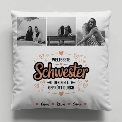 Personalisierte Kissen Große Schwester mit Schwester Fotocollage Weltbeste Schwester Offiziell Geprüft Durch 6