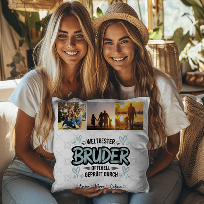 Personalisierte Bruder Kissen mit Fotocollage für Bruder Weltbester Bruder Offiziell Geprüft Durch 3