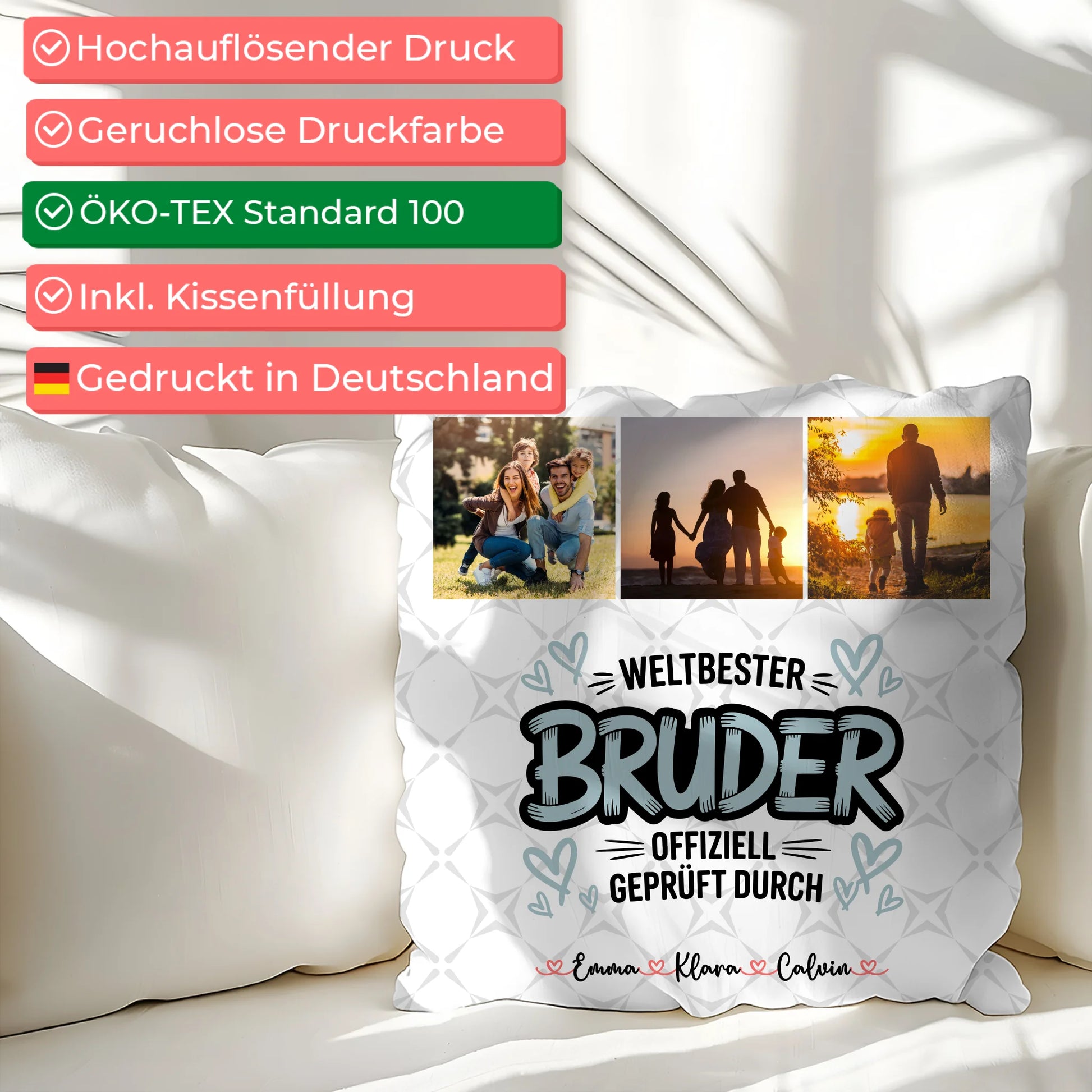 Personalisierte Bruder Kissen mit Fotocollage für Bruder Weltbester Bruder Offiziell Geprüft Durch 2