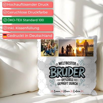 Personalisierte Bruder Kissen mit Fotocollage für Bruder Weltbester Bruder Offiziell Geprüft Durch 2