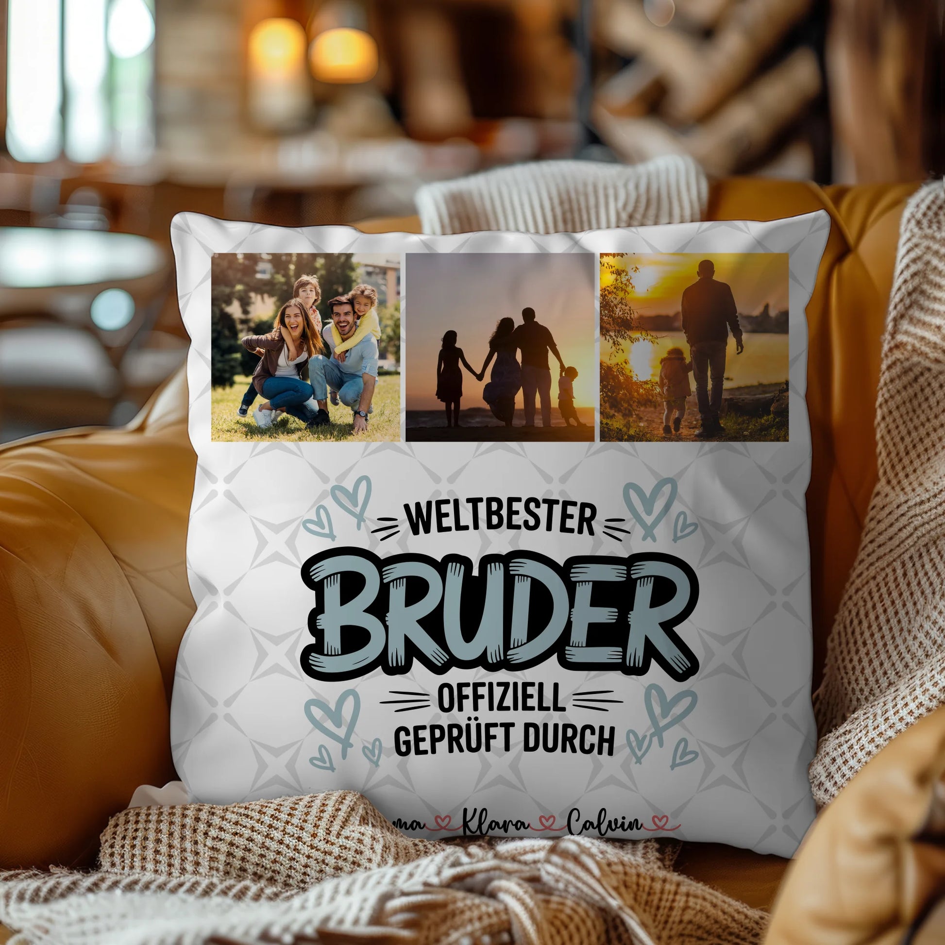 Personalisierte Bruder Kissen mit Fotocollage für Bruder Weltbester Bruder Offiziell Geprüft Durch 4